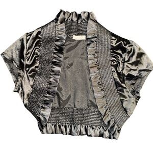 Medium Black Imagenation Cropped Ruffled Trim Bolero Short Sleeved Coat Shawl